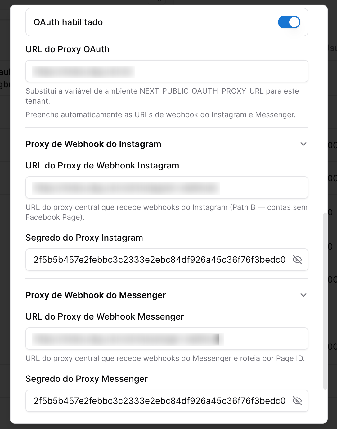 WhatsLP - tela de configuração do Tenant - oauth instagram e facebook messenger