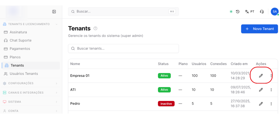 WhatsLP - tela de gestão de Tenants - como editar tenant