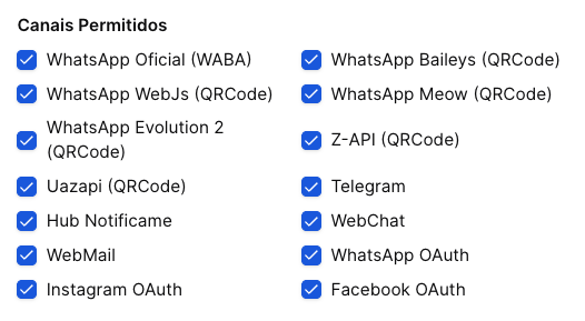 WhatsLP - tela de configuração do Tenant - canais liberados